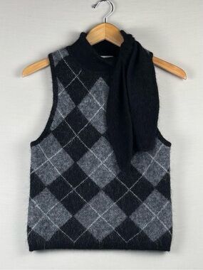 H&M Edition Mohair Wool Argyle Scarf Sweater Vest Black Gray Size S